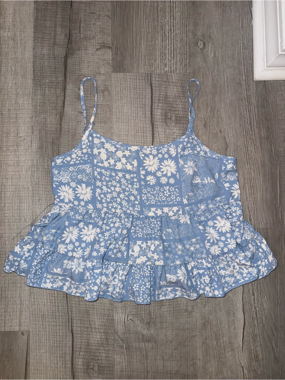Altar'd State Blue and White Floral Patchwork Ruffle Cami